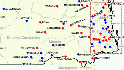 Location map - 2011 Dalby Flood (Red dots - flood inundated towns. Blue dots - flood affected towns)